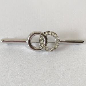 Rare Vintage Crown Trifari Open Double Circle Bar Pin Clear Rhinestone Silver T